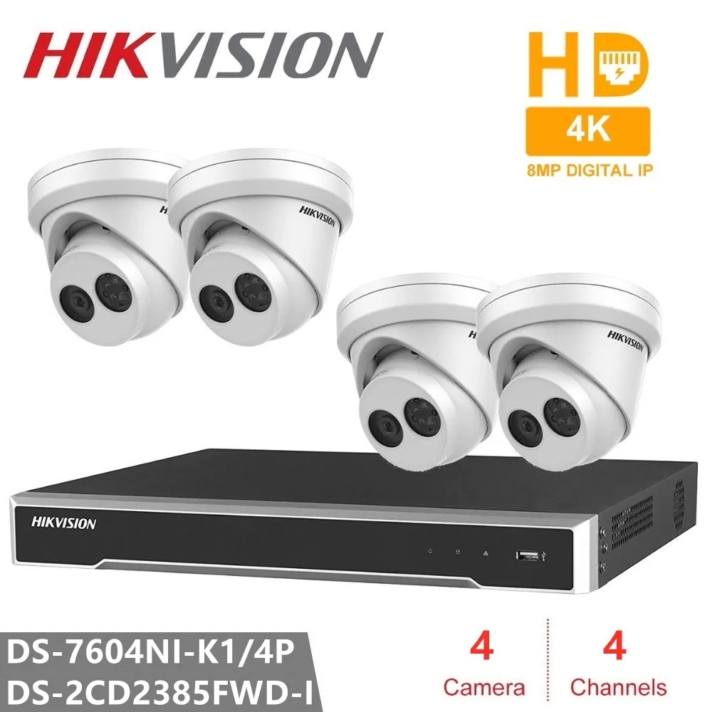 

Сетевая камера видеонаблюдения Hikvision наборы для камеры наблюдения, 4K сетевой видеорегистратор 4poe + 4 шт. DS-2CD2385FWD-I H.265 8 МП