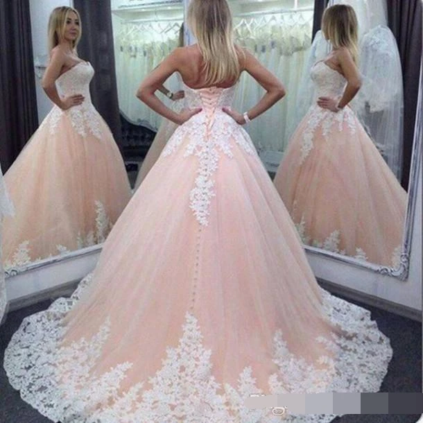 Винтаж бальное платье без бретелек Quinceanera розовый белые кружевные аппликации Тюль Длинные сладкий 16 Вечерние Дешевые плюс размеры выпускное