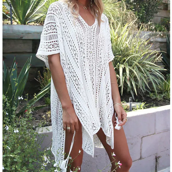 RXRXCOCO пляж прикрыть бикини Крючком Knitt одноцветное пляжная одежда купальник Cover Up Для женщин сексуальная прозрачная пляжное платье парео - Цвет: White