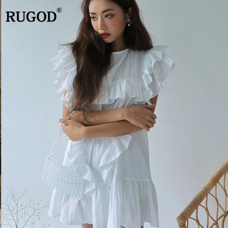 Шикарное милое платье RUGOD 2020 с оборками женское модное мини круглым вырезом и