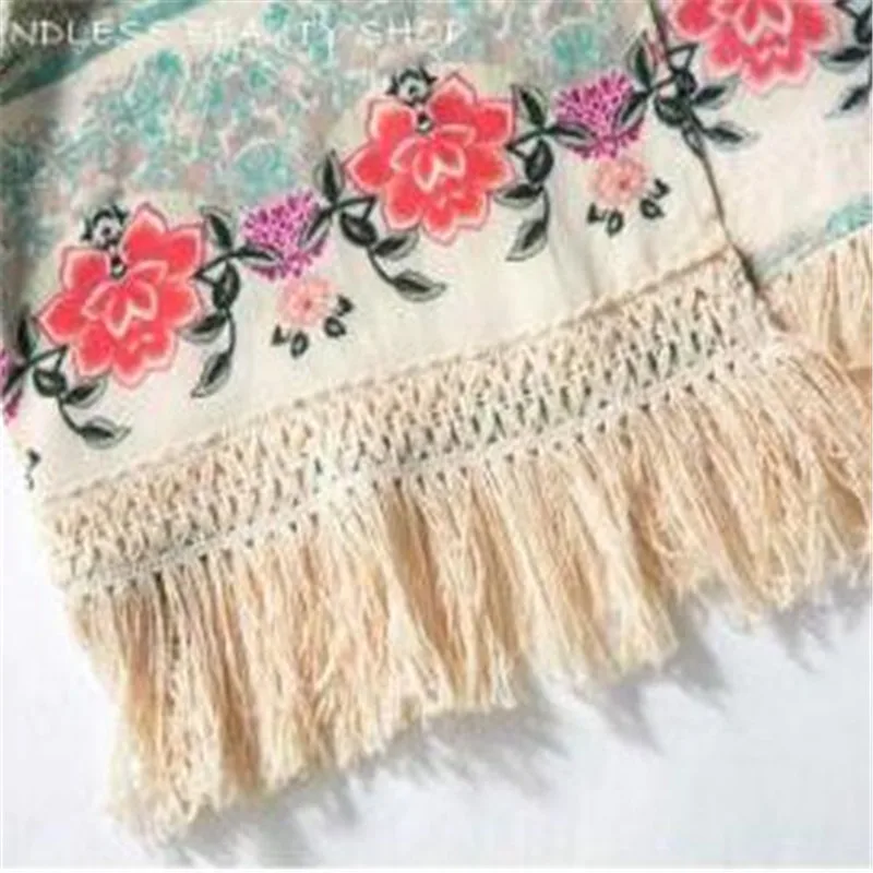 Женская летняя новая Бохо блузка хиппи с кисточками шаль топ цветочное кимоно