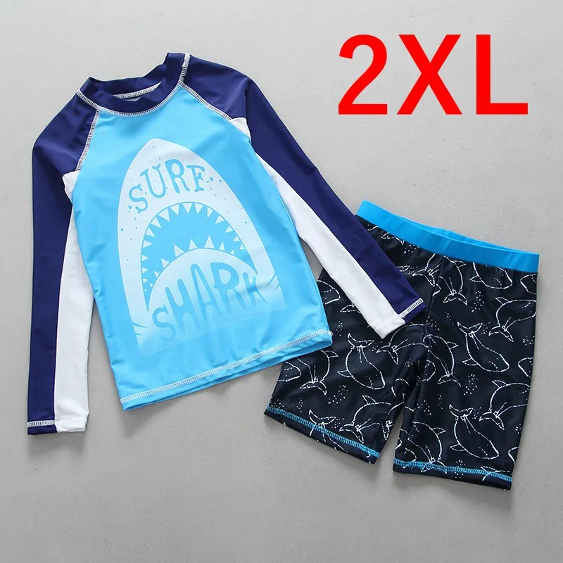 2XL Купальная Одежда для маленьких мальчиков от 2 до 15 лет Детские купальники с длинными рукавами и защитой от солнца для мальчиков, комплект из двух предметов, купальник с изображением акулы - Цвет: 2XL