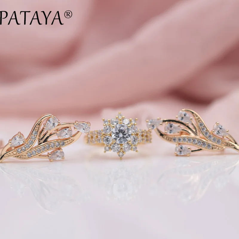 PATAYA, новинка 585, розовое золото, дизайн, женские Роскошные вечерние ювелирные изделия, белые капли воды, лист, натуральный циркон, большие серьги, кольца, наборы