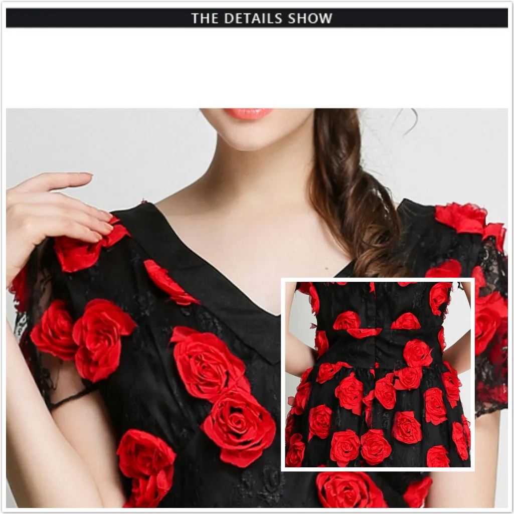 Пикантные 3D цветок аппликация кружева платье с v-образным вырезом короткий рукав