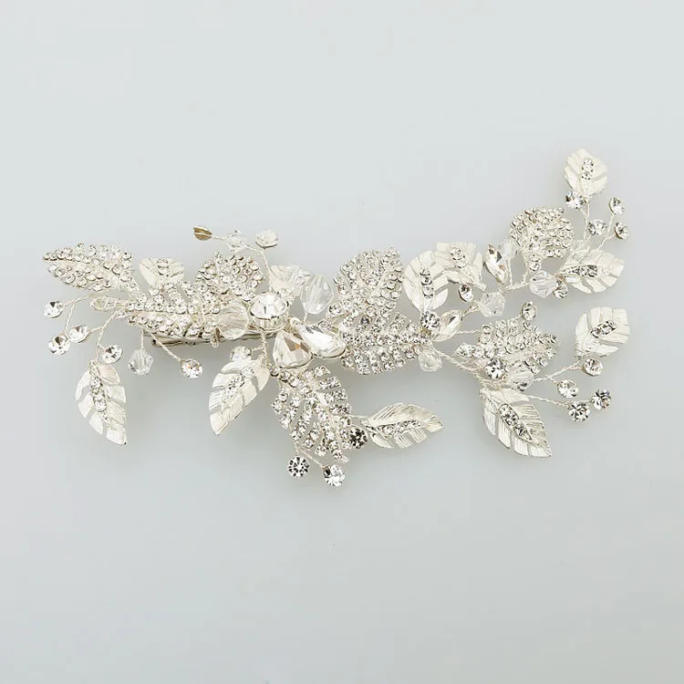 SLBRIDAL, ручная работа, серебряные стразы, кристалл, цветок, лист, свадебная заколка для волос, заколка, свадебный головной убор, гребень для волос, аксессуары для женщин