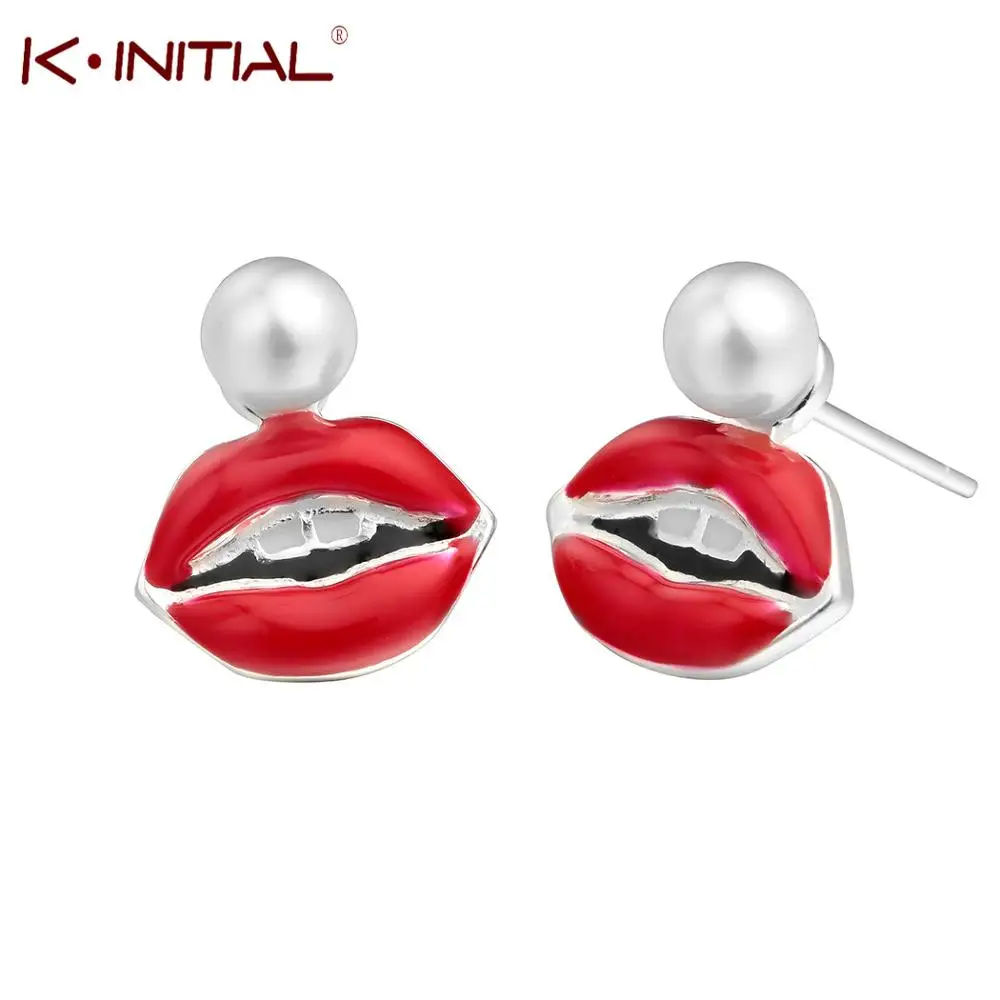 Kinitial Red Enamel Mouth Shape Earring Sexy Lips Simulated Pearl Earrings Female Charming Ear Piercing Jewelry | Украшения и