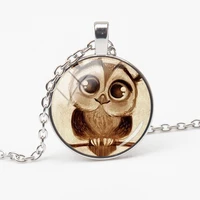 2019adorkable owl pendant necklace big eye cute bird cartoon retro animal pattern glass pendant long chain vintage necklace gift