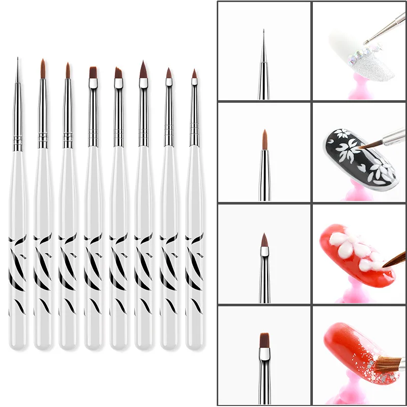 8Pcs UV Gel Brush Liner Painting Pen Acrylic Drawing Brush for Nails Gradient Rhinestone Handle Manicure Nail Art Tool