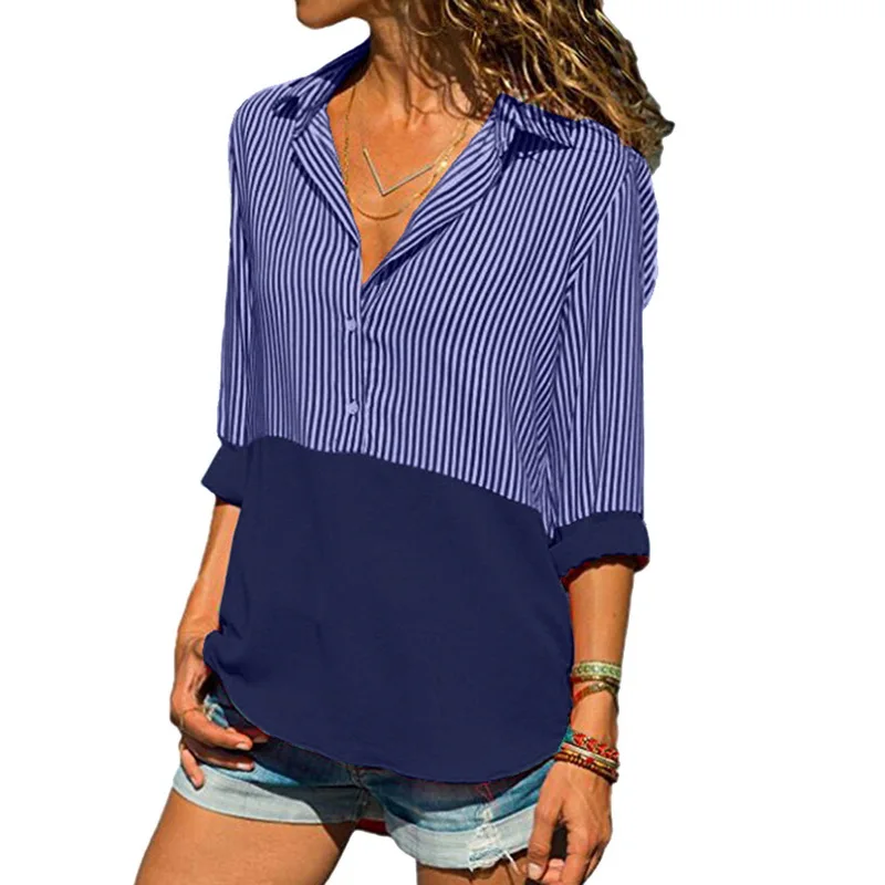 LAAMEI 2018 Autumn Women Striped Long Sleeve Shirt Patchwork Loose Blusas Femme Casual Tops Sexy Tee Plus Size 5XL |