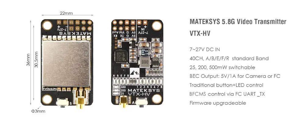 Matek 5 8G 40CH 25 mW 200 500 переключаемый видео передатчик VTX HV V/1A BEC выход для