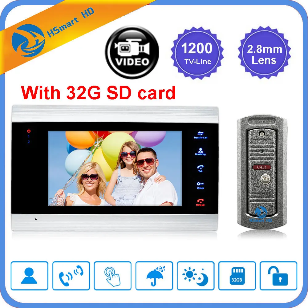 HD-EM706-R01-32G 7 дюймов видео дверной звонок Домофон 1200TVL ИК камера видео дверной звонок детектор движения запись домофон+ 32 г SD карта - Цвет: HD-EM706-R01-32G