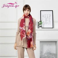 jinjin qc autumn femme silk scarf shawls and wraps scarves for women red flower blossoming printing long soft viscose wrap