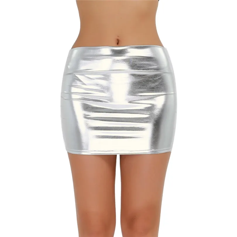 Silver IEFiEL модная сексуальная женская блестящая лакированная кожа Wetlook мини-юбка одежда для клуба, ночной клуб юбки для танцев - Цвет: Silver