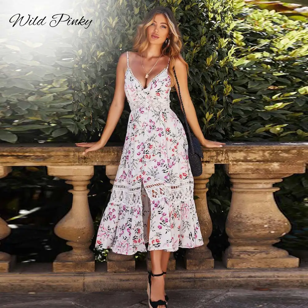 WildPinky Boho Летнее платье в богемном стиле Цветочный принт спагетти ремень Длинные