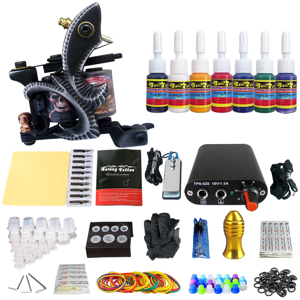 

Solong Tattoo Complete Tattoo Kit for Beginner Coil Machine 7 Color Inks Power Supply Grips Foot Petal Needles Set TK105-49
