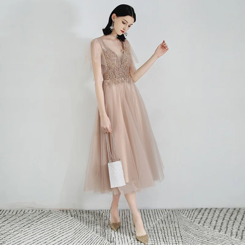 Женское коктейльное платье SSYFashion кружевное бальное до середины икры с V образным