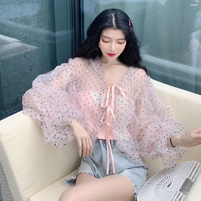 Женская Солнцезащитная одежда весна лето 2019 корейская мода сетчатые рубашки с