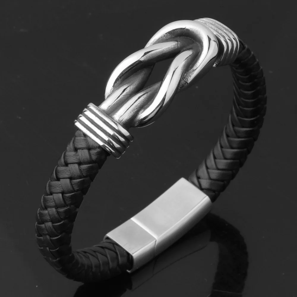 

10.8mm Wide Hip-hop Black Wristband Braided Leather Men's Stainless Steel Silver Color Clasp Bangle Bracelet Christmas Gift 9"