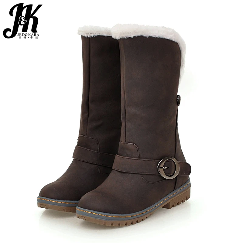 JK Plus Size 34-46 Low Thick Heels Women Boots Round Toe Flock Footwear Fashion Female Snow Mid Calf Shoes 2018 | Обувь