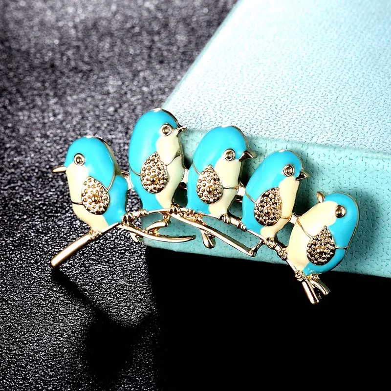 Zlxgirl perfect men's brooches jewelry blue and jet five birds shape carton scarf pins fashion hats jewellery | Украшения и