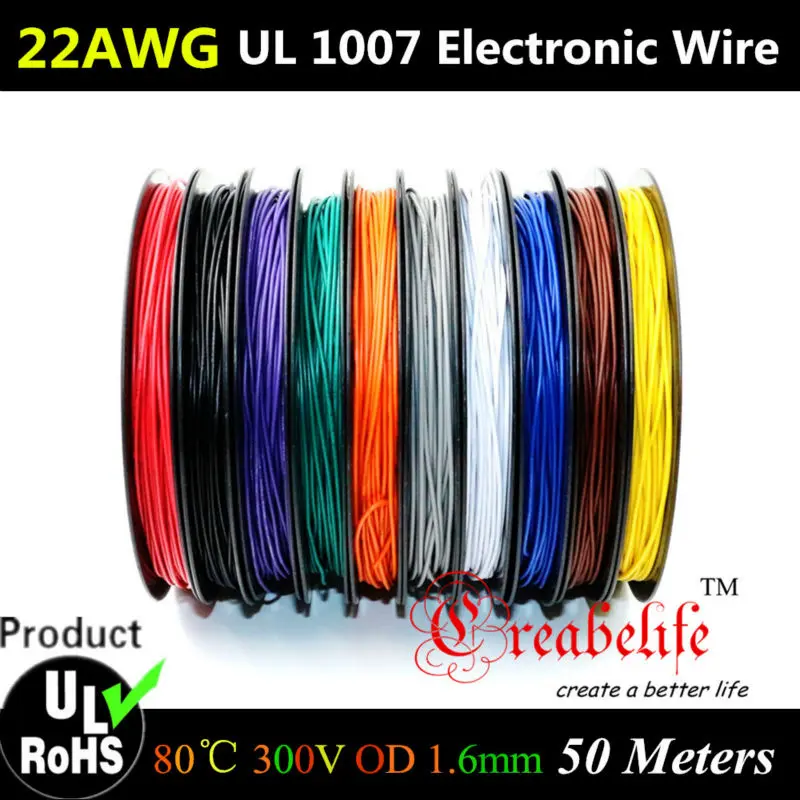 

50 Meters/roll 22 AWG - Flexible Stranded 10 Colors UL 1007 Diameter 1.6mm Electronic Wire Conductor To DIY