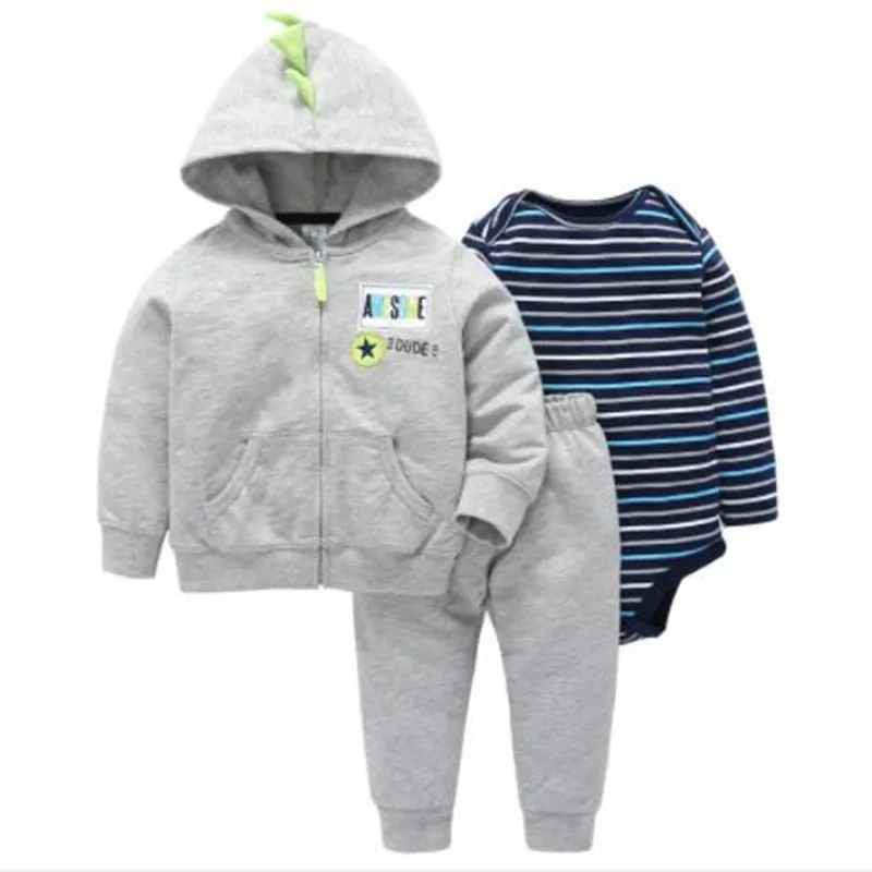 2018 New 3pcs lots Baby Boys Girls Long Sleeve bodysuit Pants dinosaur Monster 100% Cotton Fleece Hooded jacket Out Cloth Sets | Детская