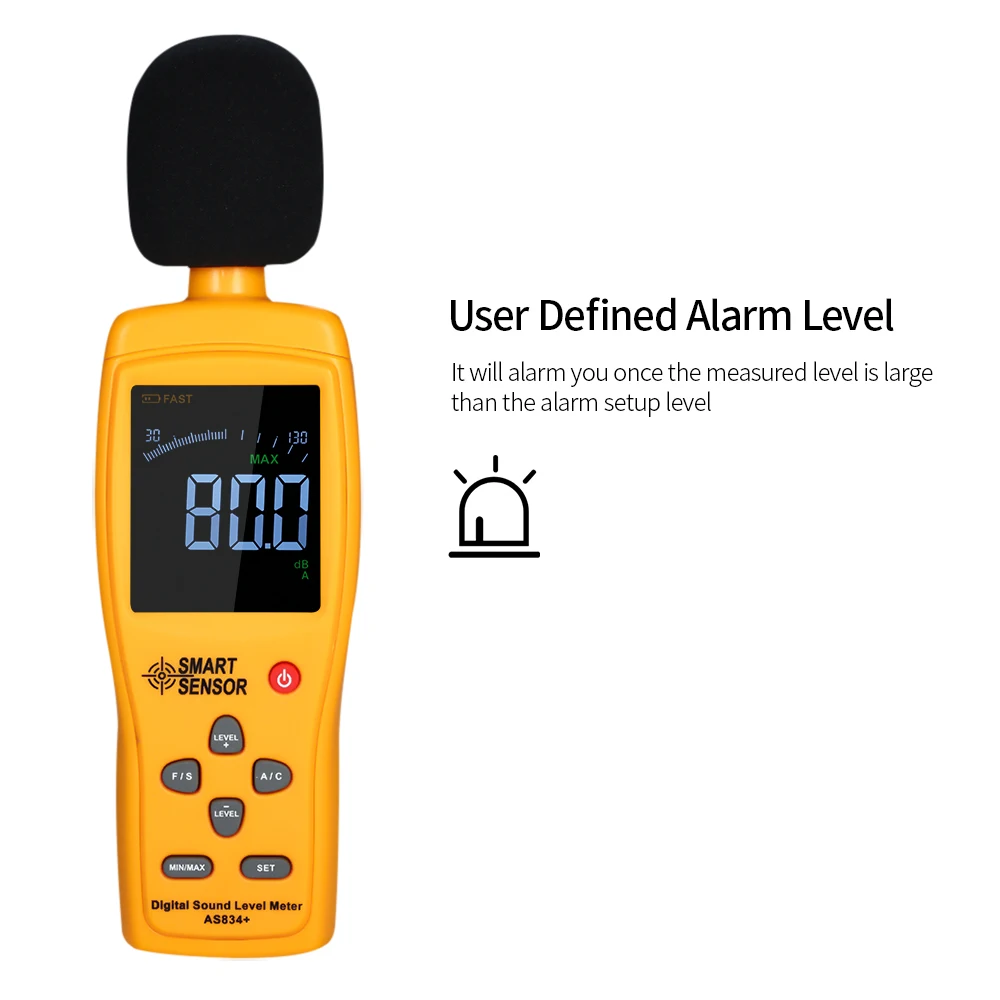 

SMART SENSOR AS834+ Digital Noisemeter 30-130dB Noise Volume Measuring Instrument Digital LCD Sound Level Meter