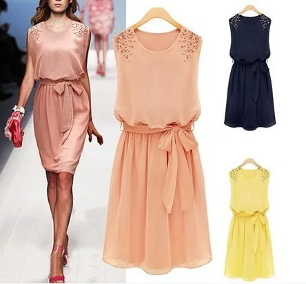 New 2014 Summer Fashion Casual Dresses Women Clothing Chiffon Pleated Bow Sleeveless Shoulder Beads Dress Blueyellow Pink G203 |