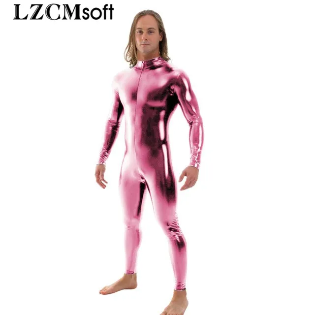 Pink LZCMsoft мужские блестящие металлические Косплей Unitard полное тело зентай костюм основные сценические костюмы на молнии спереди Боди Колготки - Цвет: Pink