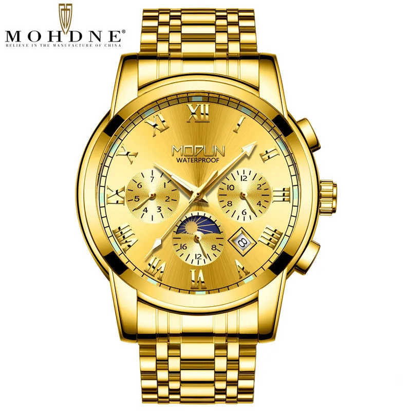 

2020 Top Quality Mens Mechanical Watches Fully Self Wind Automatic Wristwatch Moon Phase Date Week Month Display Gold Watch Men
