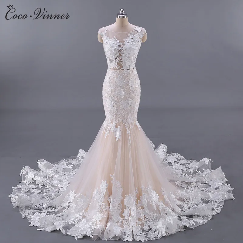 

Quality Vestido De Noiva Backless Floral Appliques Sexy Wedding Dress Champagne Color Mermaid Wedding Dresses W0045