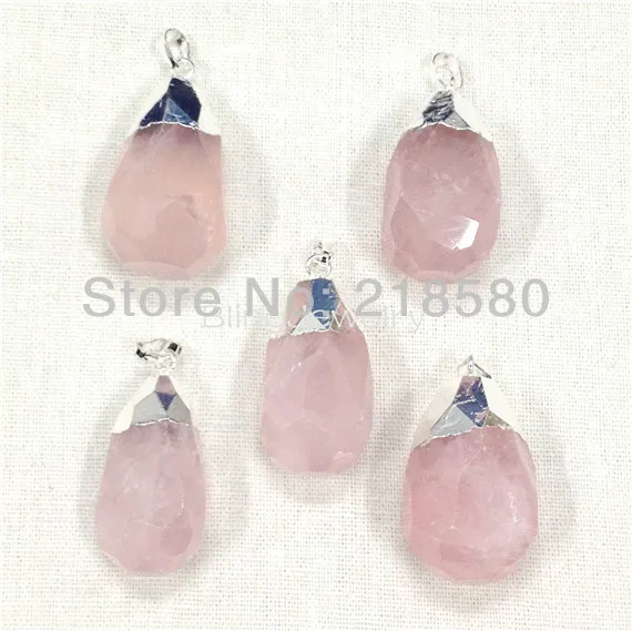 

Faceted Crystal Rose Pink Quartz Pendant Silver or Gold Cap PM12260