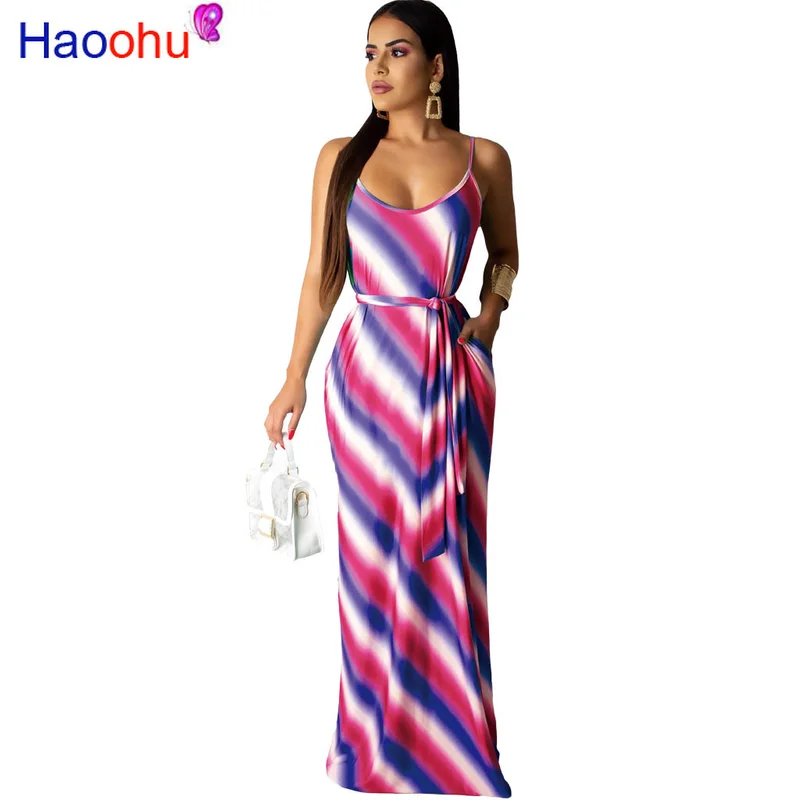 

HAOOHU 2019 Sexy Design Hot Popular Style Women Retro Maxi Dress Spaghetti Strap Sleeveless Chiffon Loose Dress U7075