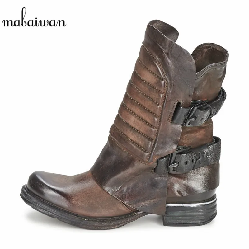 preço Mabaiwan Novo Couro Genuíno Das Mulheres Tornozelo Botas De Salto Grosso Dedo Do Pé Quadrado Apartamentos Botas Zíper Lateral Botas Militares Curto Bota De Equitação