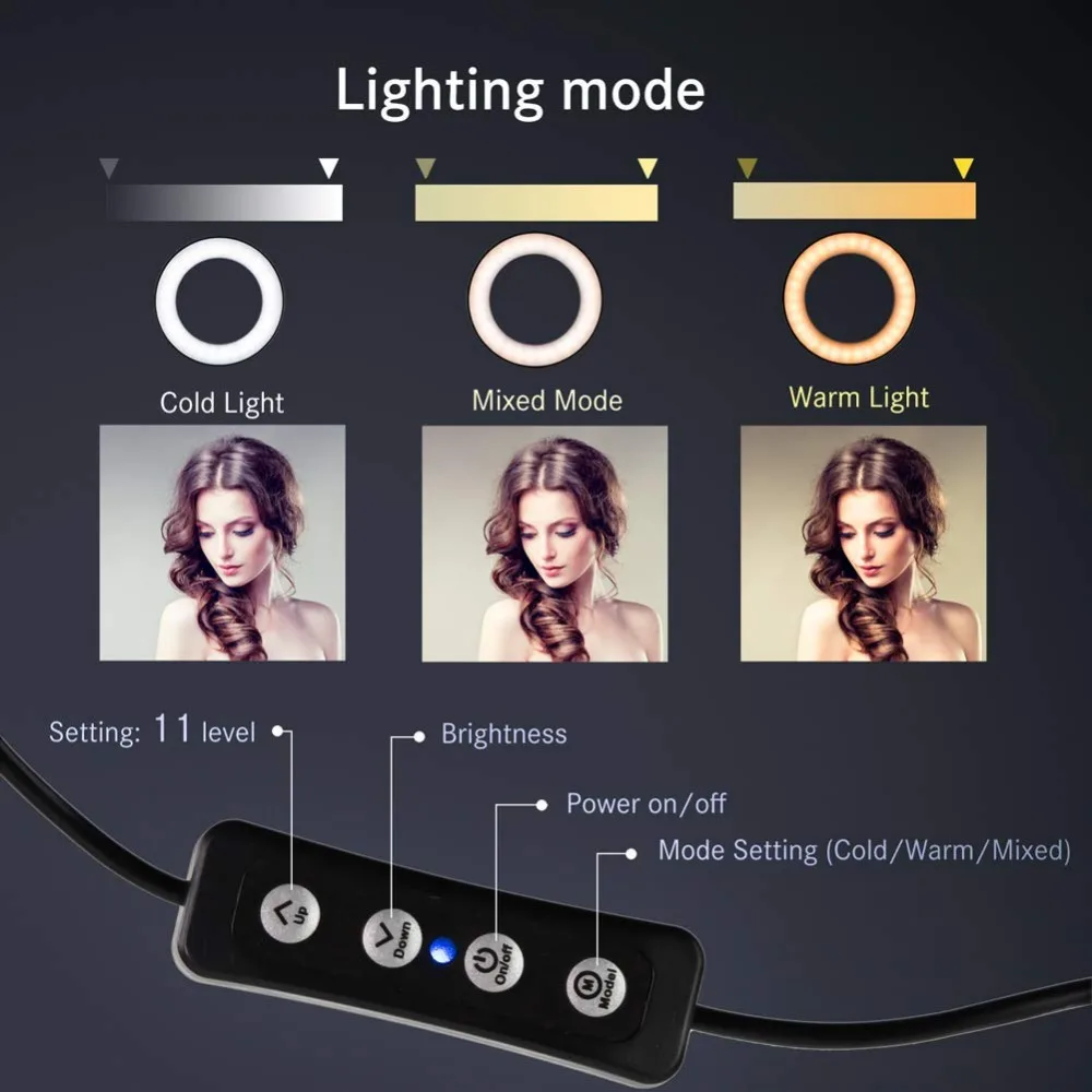 Скидка Приглушаемая светодиодная кольцевая лампа со штативом, зеркало для макияжа и держатель для телефона, идеально подходит для Iphone/LG, комплект ...