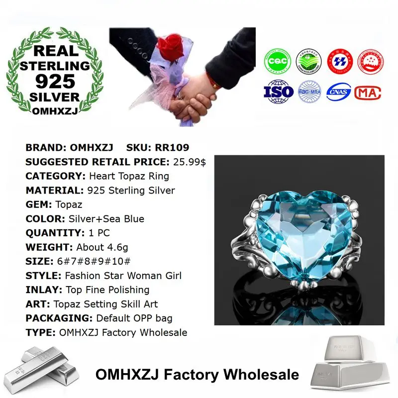 Женское серебряное кольцо OMHXZJ с голубым сердцем и топазом 925 пробы | Украшения