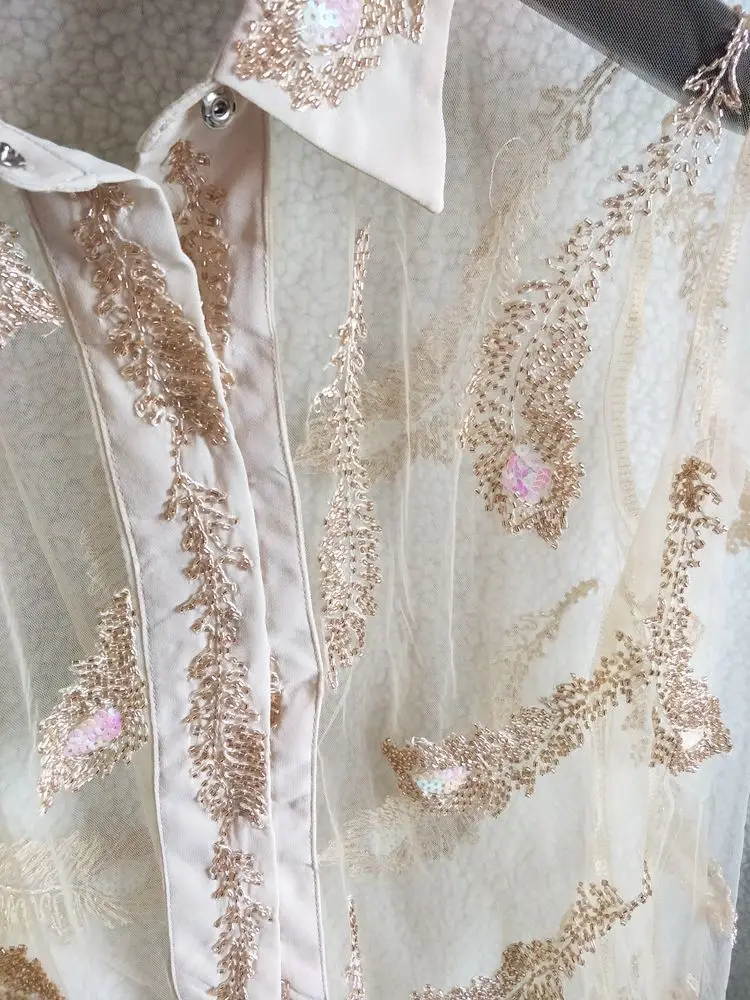 

Summer new fashion heavy work rock wind feather pattern beading perspective mesh sequins shirt female long-sleeved shirt wq2056