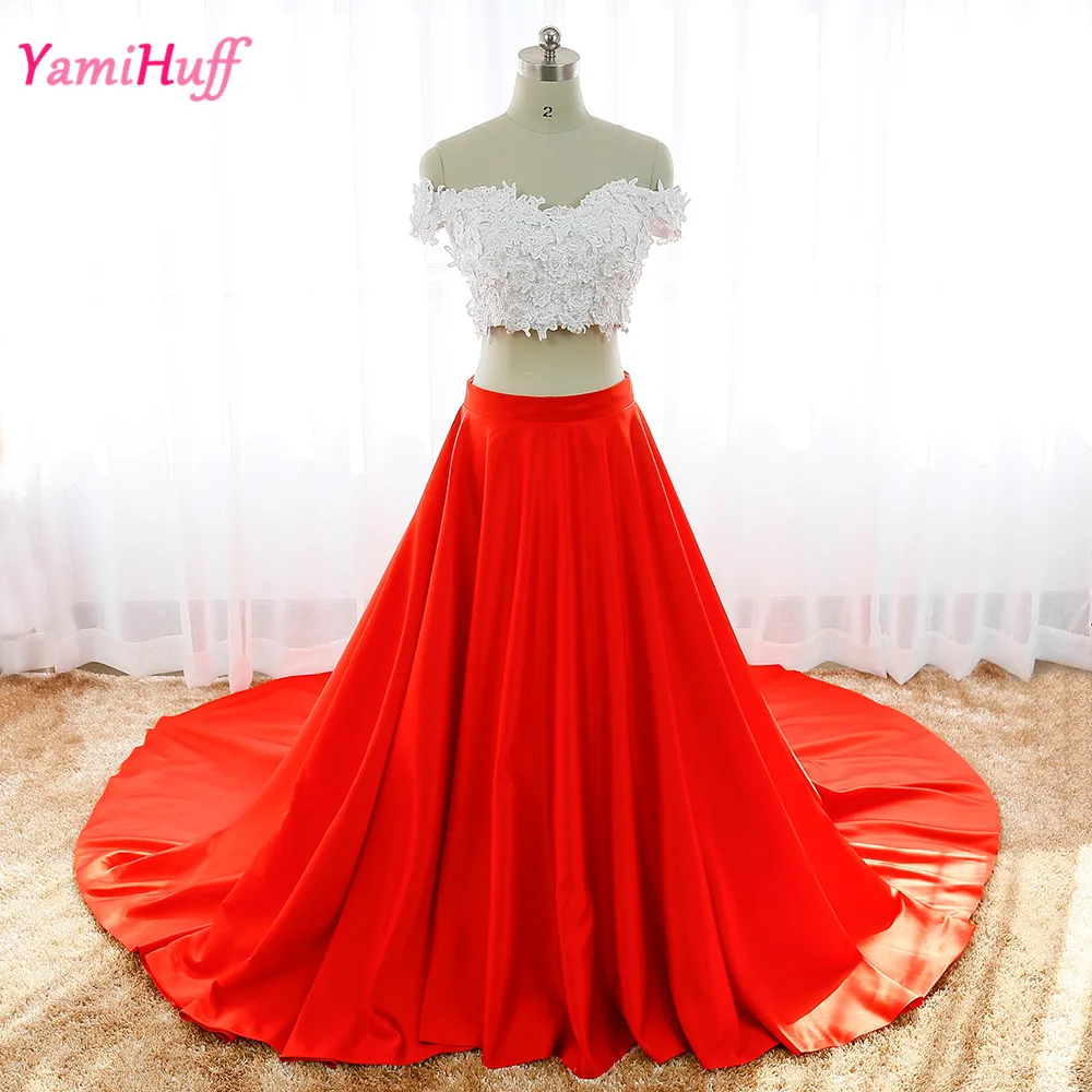 White And Red Hippie 2 Piece Bridal Wedding Dresses Lace Flowers Arab Indian Bride Dress Satin Pearls Off Shoulder R118 | Свадьбы и