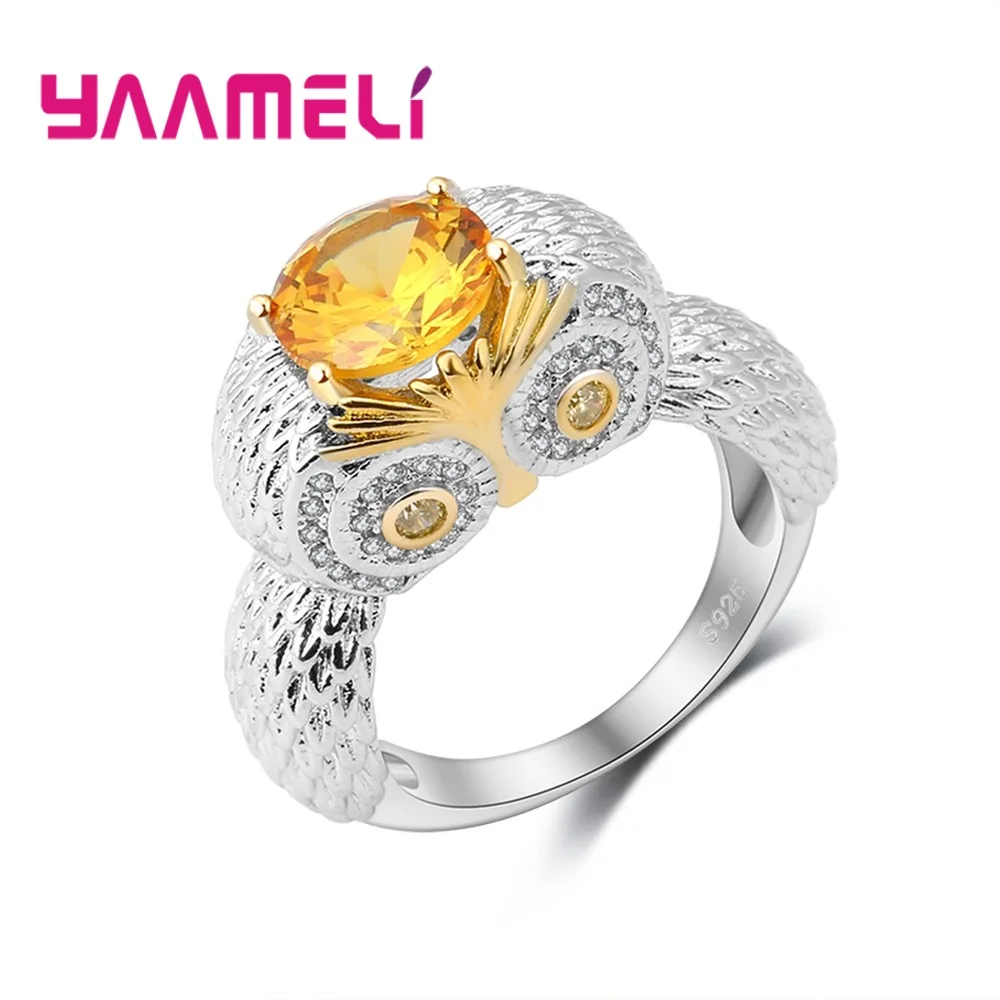 Кольцо Совы женское из серебра 925 пробы вечерние с желтым кристаллом|owl ring|ring forsilver