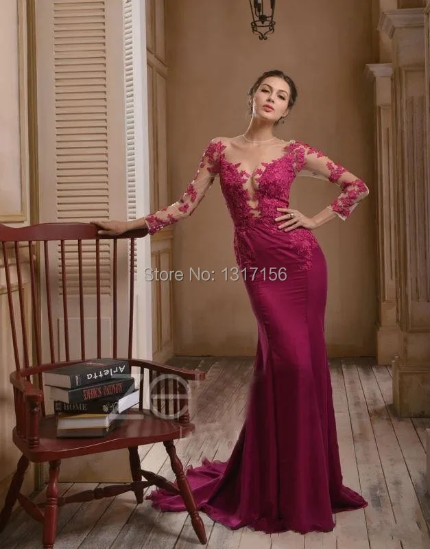 see through New Arrival Long Sleeve Sheer Back Mermaid Formal Evening Dresses Fuchsia Sweep Train Vestido de noche 2014 | Свадьбы и