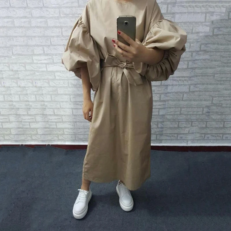 [EAM] New Spring Summer O Collar Lenter Sleeve Loose Vintage Mid-calf Pullover Long Dress Women Fashion Tide OB180