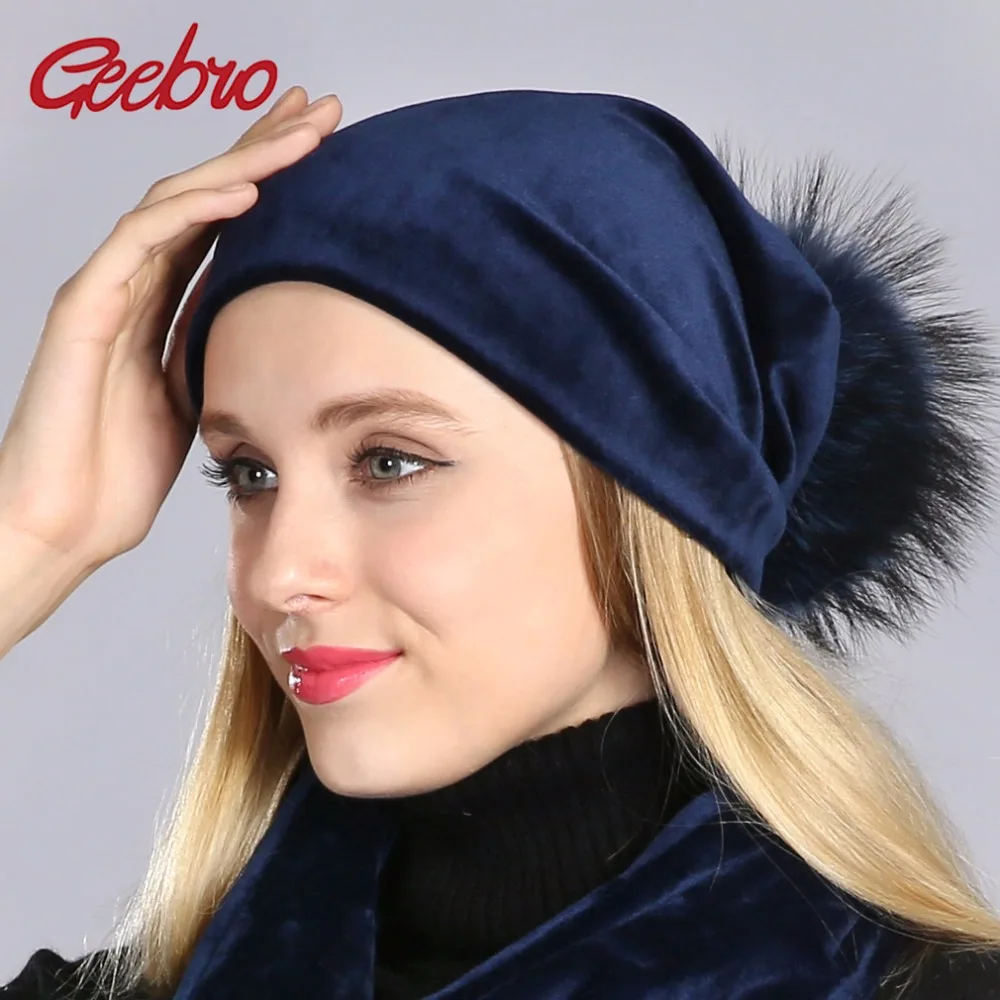 

Geebro Brand Women's Pom Pom Beanie Hat Casual Velvet Skullies Beanies Polyester Knitted Hats Raccoon Fur Pompom Beanies Hat
