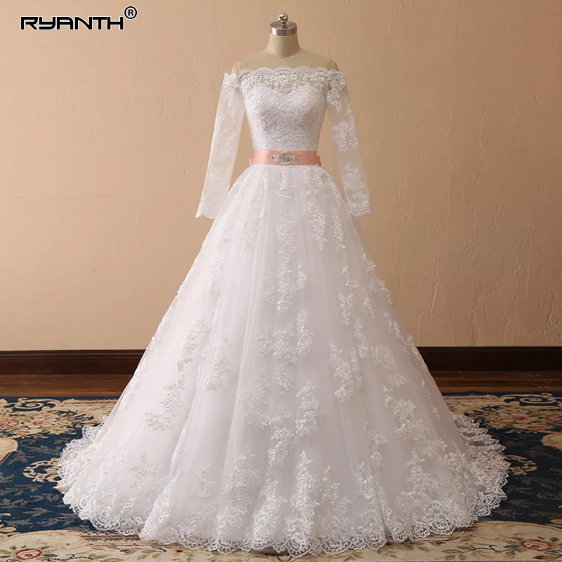 

Ryanth Vestidos de Noiva Ball Gown Lace Wedding Dress Off Shoulder Tulle Bride Gowns Long Sleeves Wedding Dresses 2022 Mariage