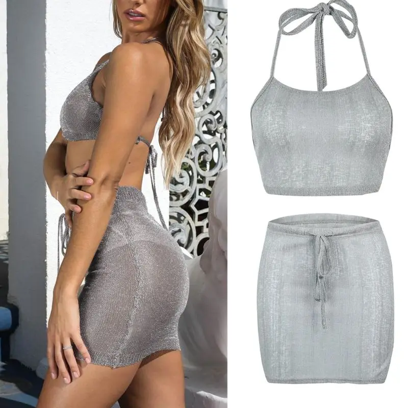 1 Set Women Summer Beach Dress Sexy See Through Bodycon Halter Bikini Cover-up Knitted Bandage Beachwear Mini 2019 | Женская одежда