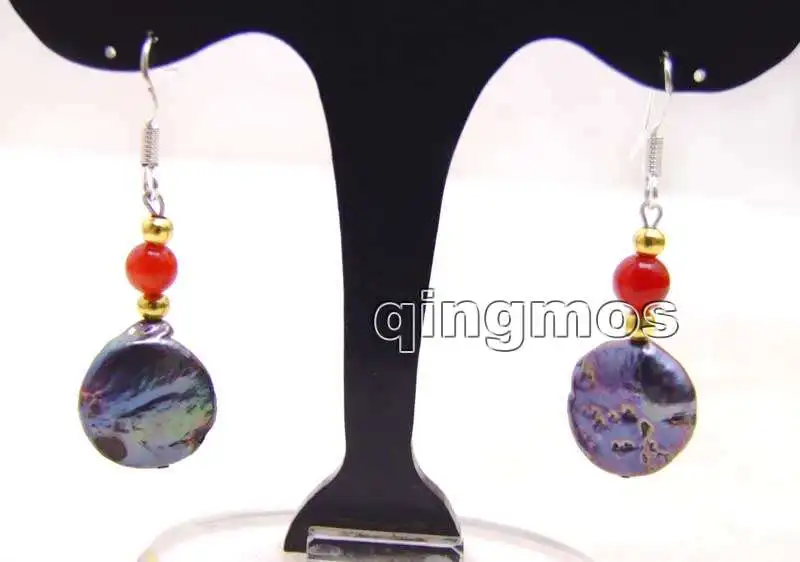 Круглая натуральная пресноводная жемчужина черная монета 12-13 мм и красный коралл