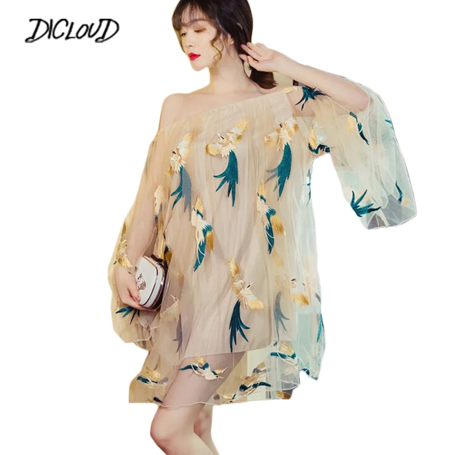 Женское летнее платье с вышивкой Boho прозрачное Сетчатое длинными рукавами