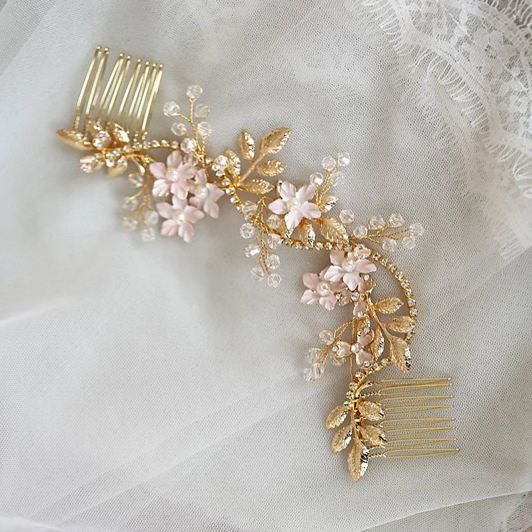 Великолепный ручной свадебные сусальное золото расческа для длинных волос