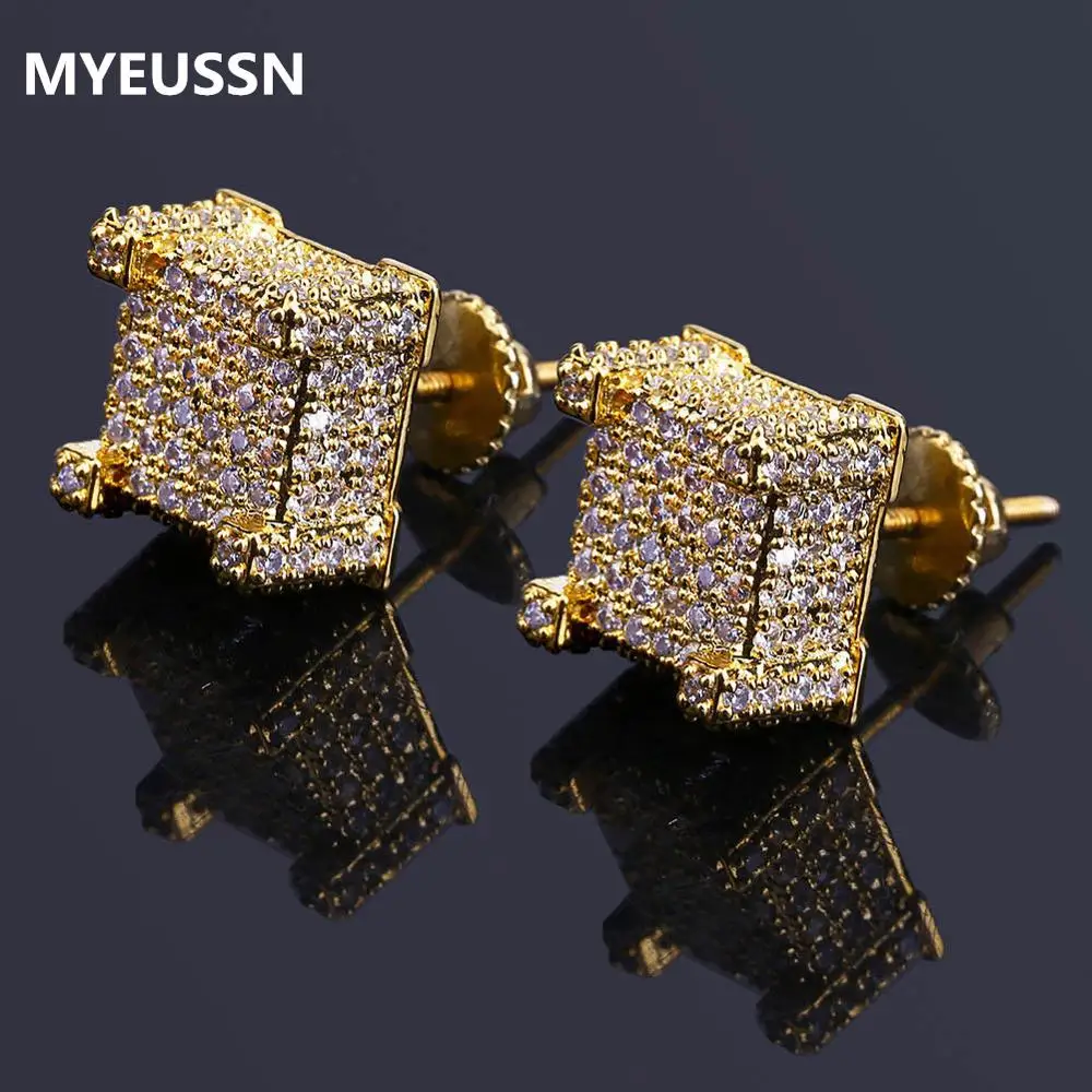 Мужские Iced Bling CZ квадратные серьги цирконовые хип хоп стиль медь винт обратно
