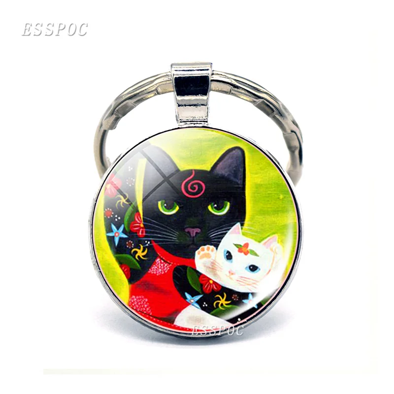 Милый черно белый брелок для ключей с котом стеклянный купольный кабошон