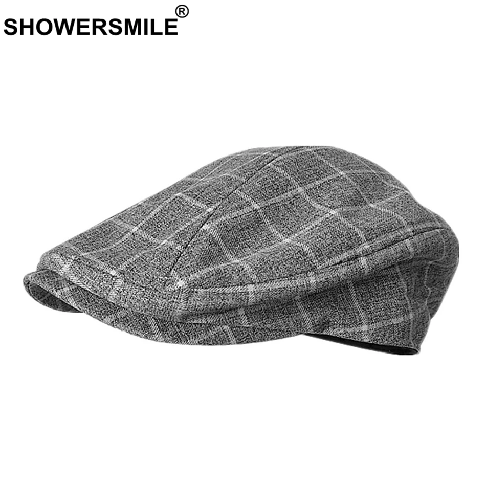 SHOWERSMILE, повседневная мужская кепка, летняя, льняная, берет, шапка, мужская, в клетку, серая, гусиная лапка, дышащая Кепка, s бренд, Duckbill, кепки для езды